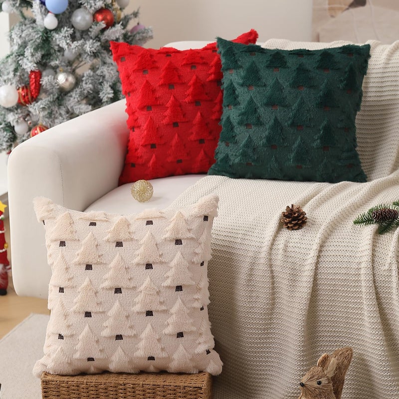 Allorry Christmas Pillow Covers 18x18 inch Set of 2 Xmas Decorations Soft Plush Faux Fur Wool Beige Christmas Tree Throw Pillow Cases Winter Holiday Decor for Sofa Living Room PT-002C18 - Image 4